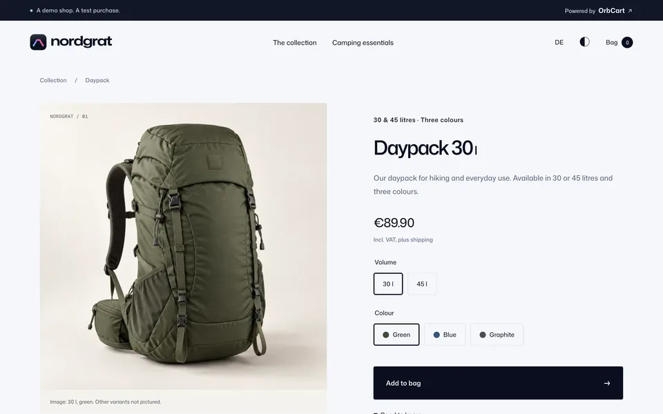 The Nordgrat demo shop: the product page of the Daypack 30 l in green for €89.90, with an Add to bag button.